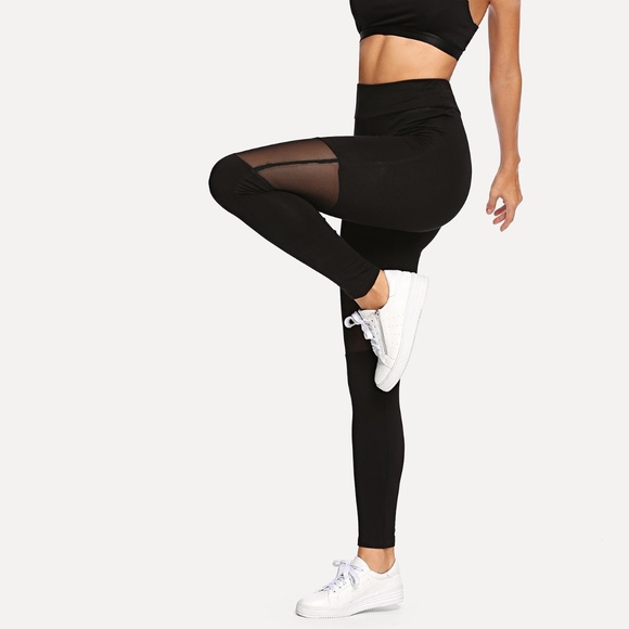 New! Black Mesh Insert High Waist Leggings - Picture 2 of 8